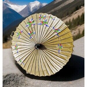Vintage Chinese Parasol/Umbrella, Hand Painted Oil/Wax -Paper Bamboo W/ Tassels